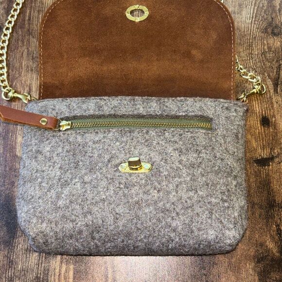Sword & Plough Women Gray Crossbody Bag Purse Gold Chain Brown Leather - Picture 8 of 11